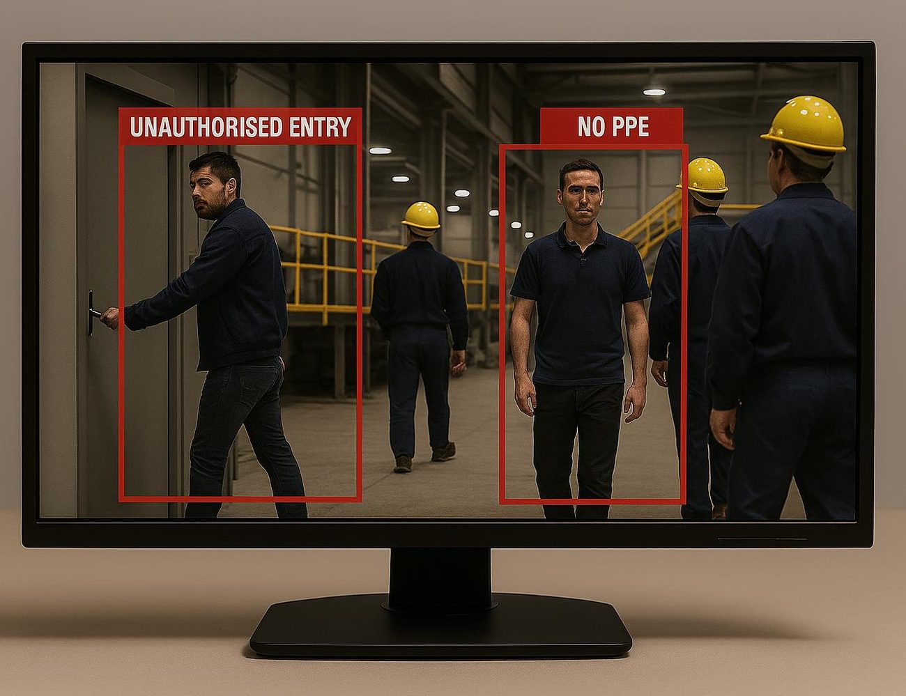 Watcher AI flagging an unauthorised entry and missing PPE on a CCTV feed