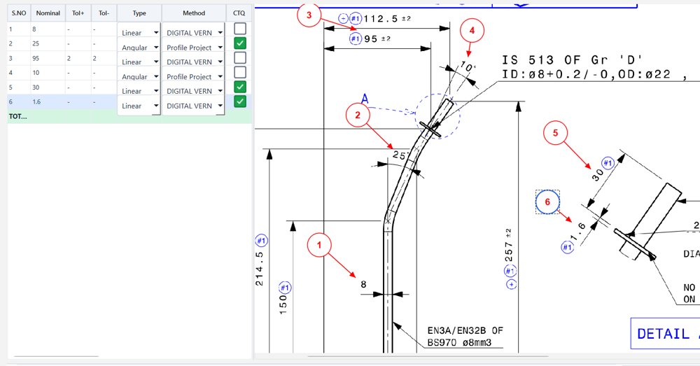 FLECS Balloon — a ballooned engineering drawing with its auto-generated characteristic table