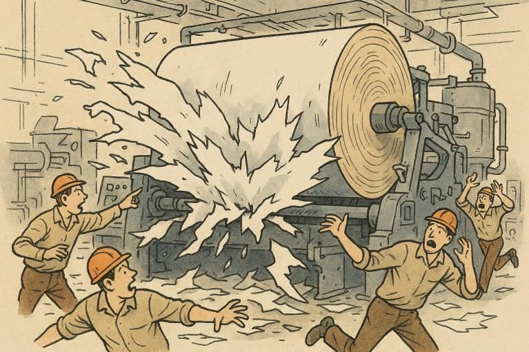 Illustration of an unexpected machine breakdown on a factory floor