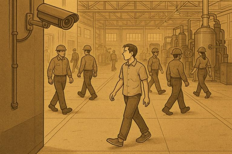 Illustration of a CCTV camera watching workers walk through a factory