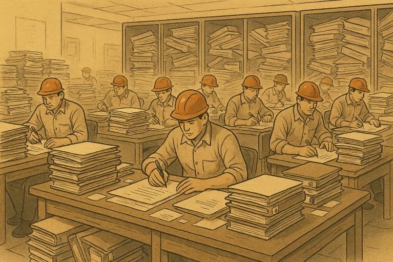 Illustration of workers filling in paper registers by hand
