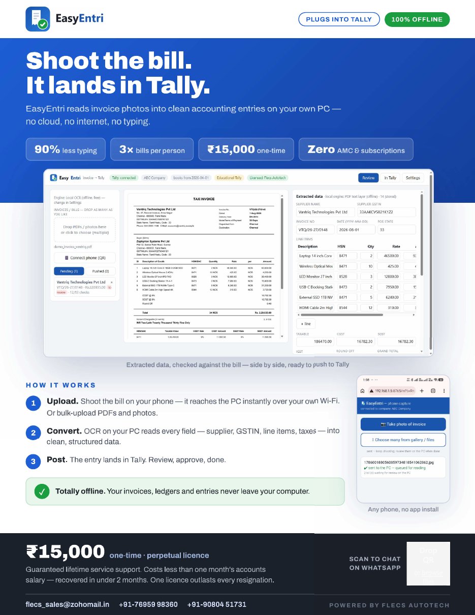 EasyEntri brochure — shoot the bill, it lands in Tally