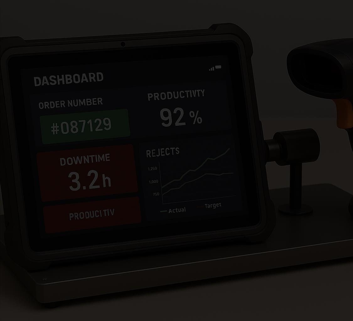 Shopfloor dashboard on a ruggedised tablet showing productivity, downtime and rejects